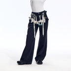 Black Washed Wide Leg Jeans with Adjustable Waist Straps and Relaxed Fit Design