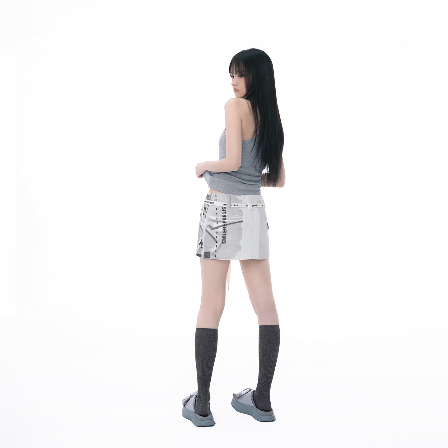 Air Ticket Print Denim Mini Skirt-SMILEREPUBLIC
