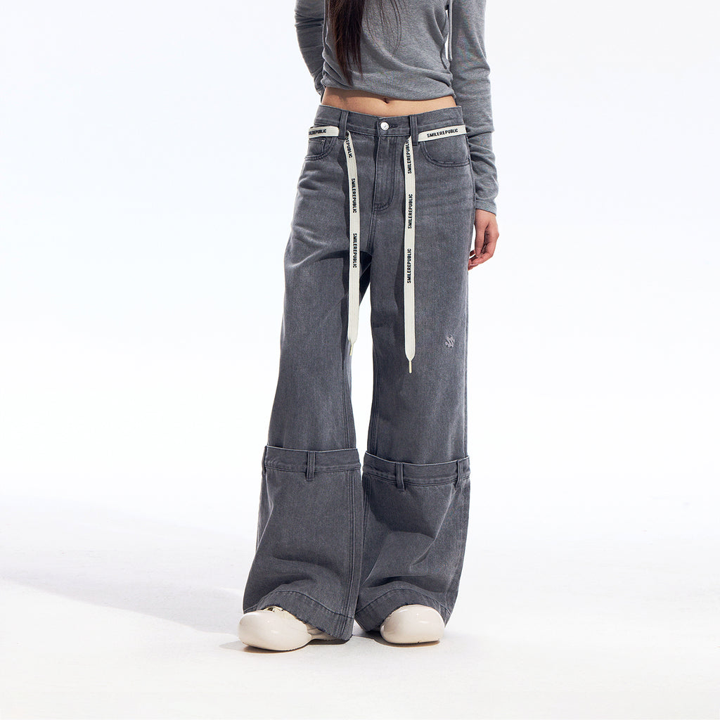 Gray Washed Wide Leg Jeans with Dropped Waist Detail, Cotton Blend Denim Pants for Women