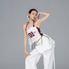 White Burgundy Mesh Tank Top with Side Drawstring Detail, Women's Streetwear Top