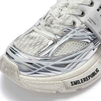 Metallic Silver Mesh Distressed Runner Sneakers, Unisex Low Top Lace Up Shoes