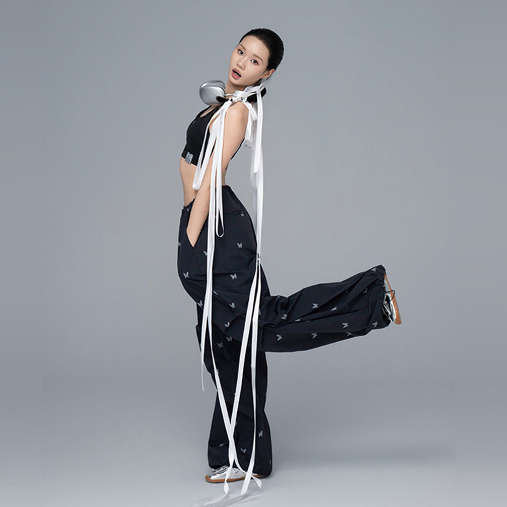 Black 100% Nylon Allover Butterfly Print Wide-Leg Parachute Pants with Drawstring Waist for Women