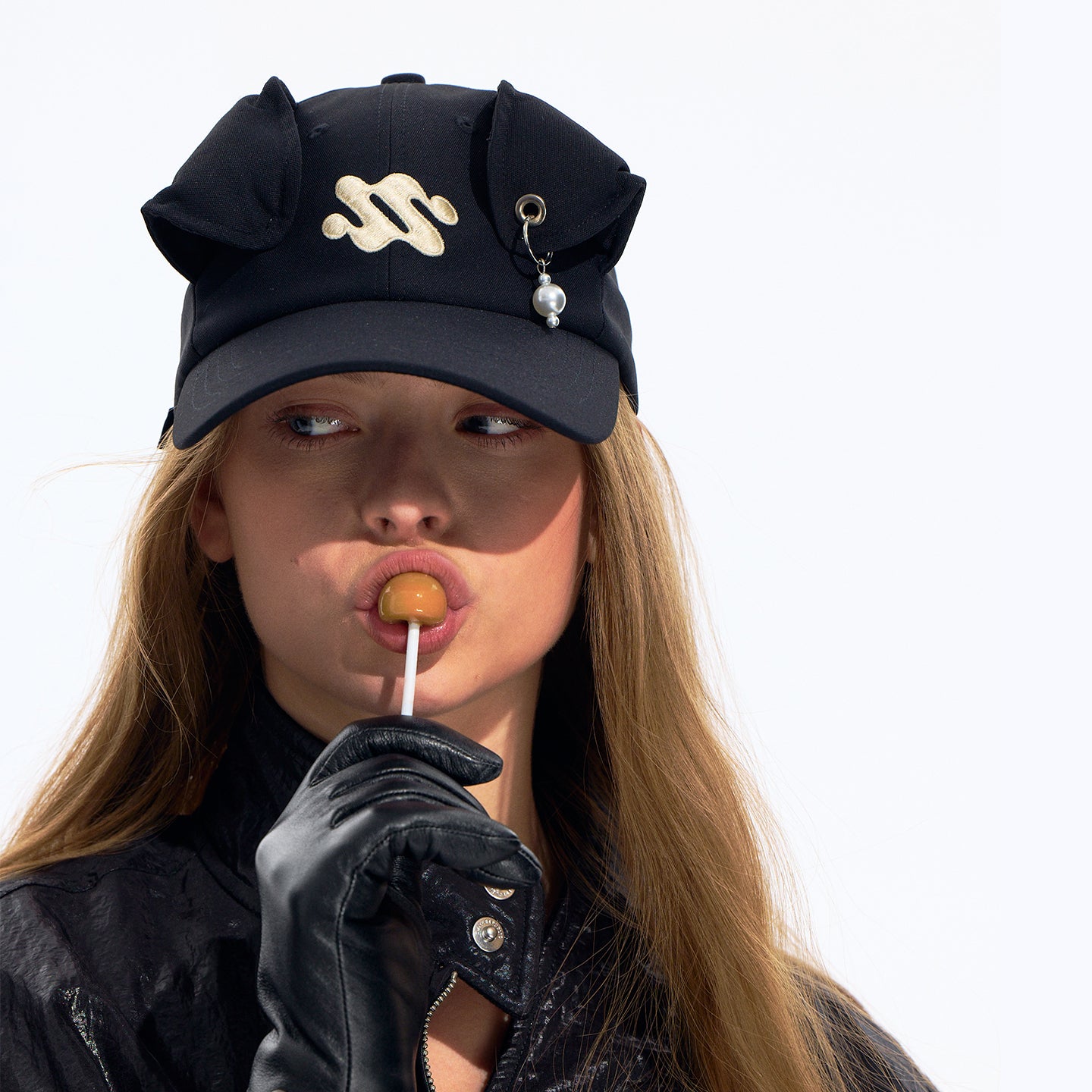 Black 3D Ear Detail Baseball Cap with Pearl Charm and Adjustable Strap
