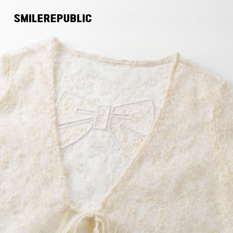 Ivory Nylon Jacquard Lace Bow Detail Cropped Cardigan and Cotton Blend Camisole Two Piece Set