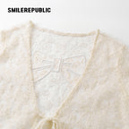 Ivory Nylon Jacquard Lace Bow Detail Cropped Cardigan and Cotton Blend Camisole Two Piece Set