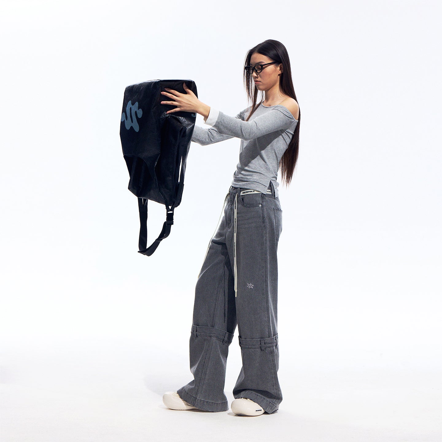 Gray One Shoulder Stretch Top with Viscose Blend Fabric for Women