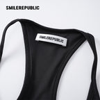 Black Polyester Spandex Racerback Thong Bodysuit, Sleeveless Logo Fitted One Piece Top for Women