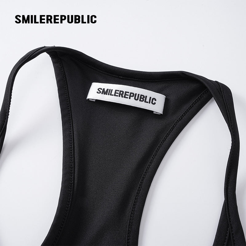 Black Polyester Spandex Racerback Thong Bodysuit, Sleeveless Logo Fitted One Piece Top for Women