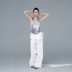 Gray Polyester Blend Sporty Graphic Halter Tank Top with Open Back and Side Drawstrings for Women