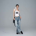 Blue Washed Cotton Denim Butterfly Graphic Wide-Leg Jeans with Asymmetric Waistband for Women