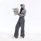 Gray Hooded Sweatshirt with 3D Ear Detail, Viscose Blend Pullover Hoodie for Women