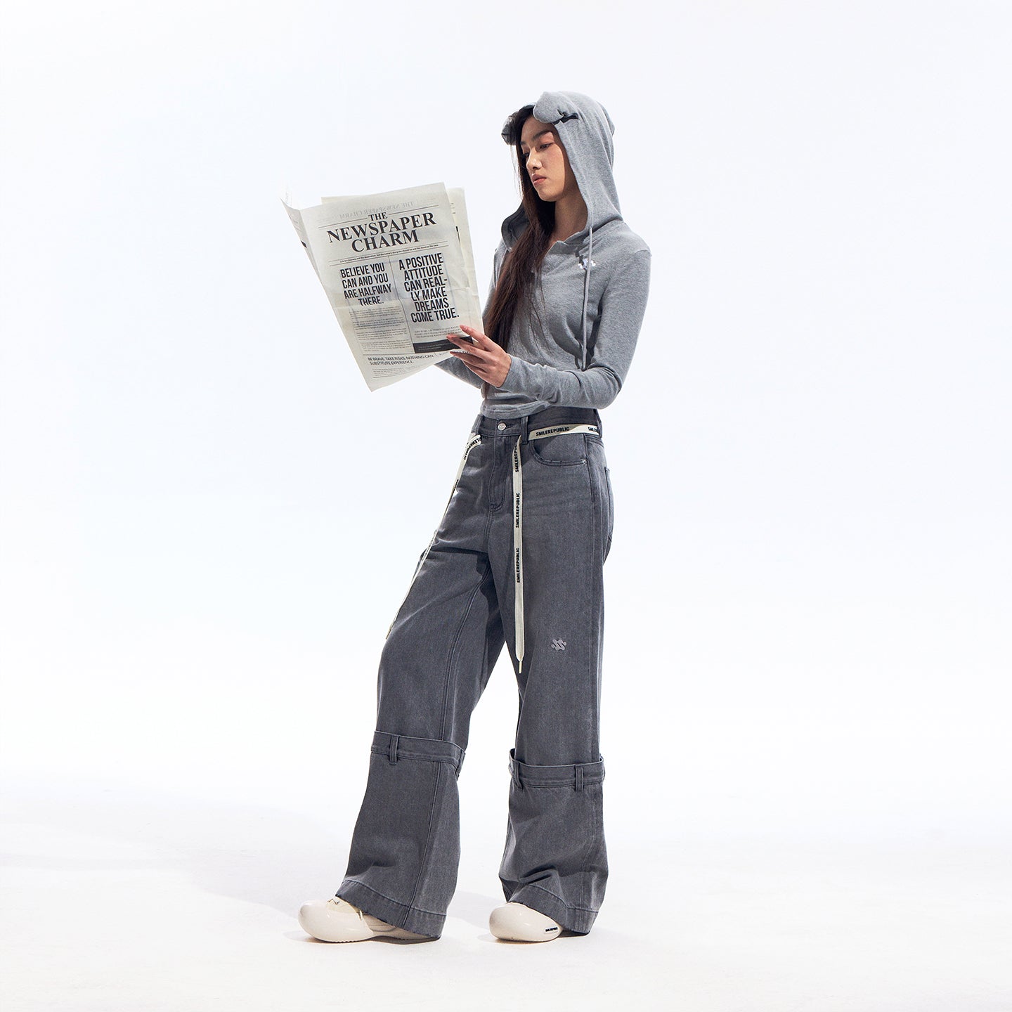 Gray Hooded Sweatshirt with 3D Ear Detail, Viscose Blend Pullover Hoodie for Women