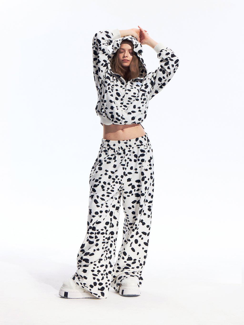 Black White Dalmatian Print Hooded Zip Up Sweatshirt Jacket with 3D Ear Detail, Unisex
