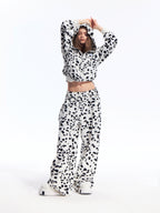 Black White Dalmatian Print Hooded Zip Up Sweatshirt Jacket with 3D Ear Detail, Unisex