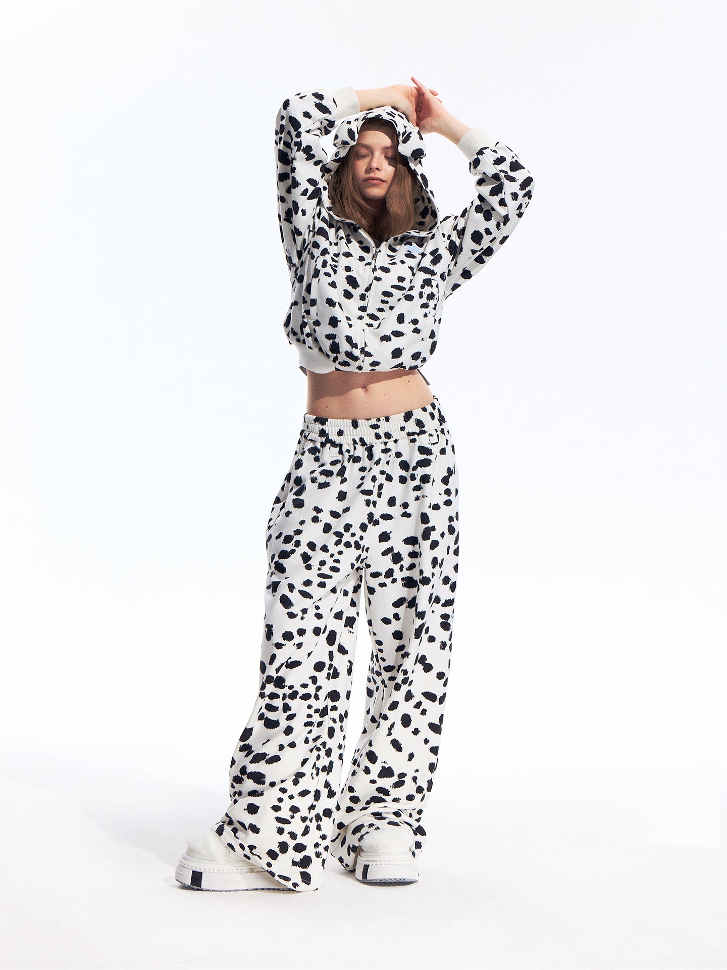 Black White Dalmatian Print Hooded Zip Up Sweatshirt Jacket with 3D Ear Detail, Unisex