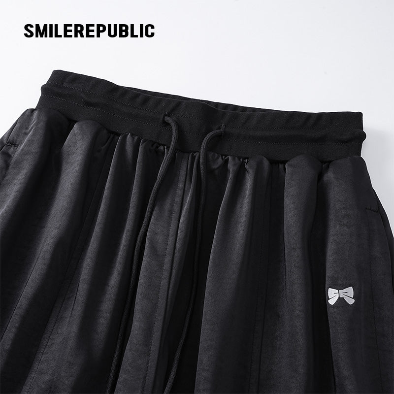 Black Satin Polyester Wide Leg Drawstring Pants with Elastic Waist and Logo Detail