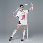 White Polyester Colorblock V-Neck Number Graphic Jersey Top with Removable Feather Trim for Women