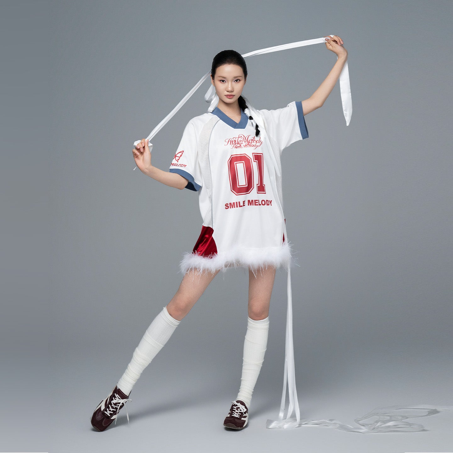 White Polyester Colorblock V-Neck Number Graphic Jersey Top with Removable Feather Trim for Women