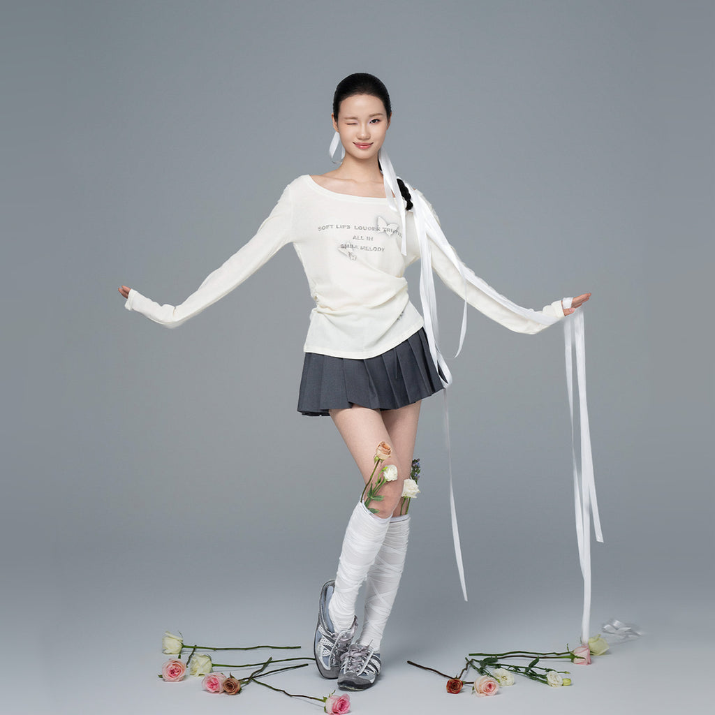 Gray Polyester Viscose Blend Pleated Mini Skirt with Side Tie and Logo Detail for Women