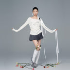 Gray Polyester Viscose Blend Pleated Mini Skirt with Side Tie and Logo Detail for Women