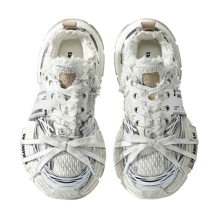 Metallic Silver Mesh Distressed Runner Sneakers, Unisex Low Top Lace Up Shoes