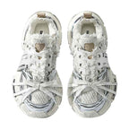 Metallic Silver Mesh Distressed Runner Sneakers, Unisex Low Top Lace Up Shoes