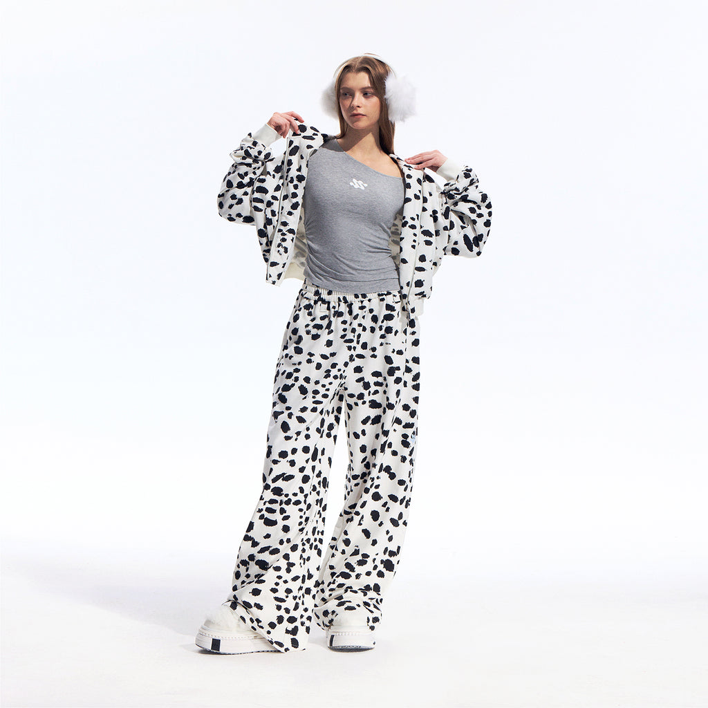 Black White Dalmatian Print Wide Leg Sweatpants Cotton Blend Casual Pants, Unisex