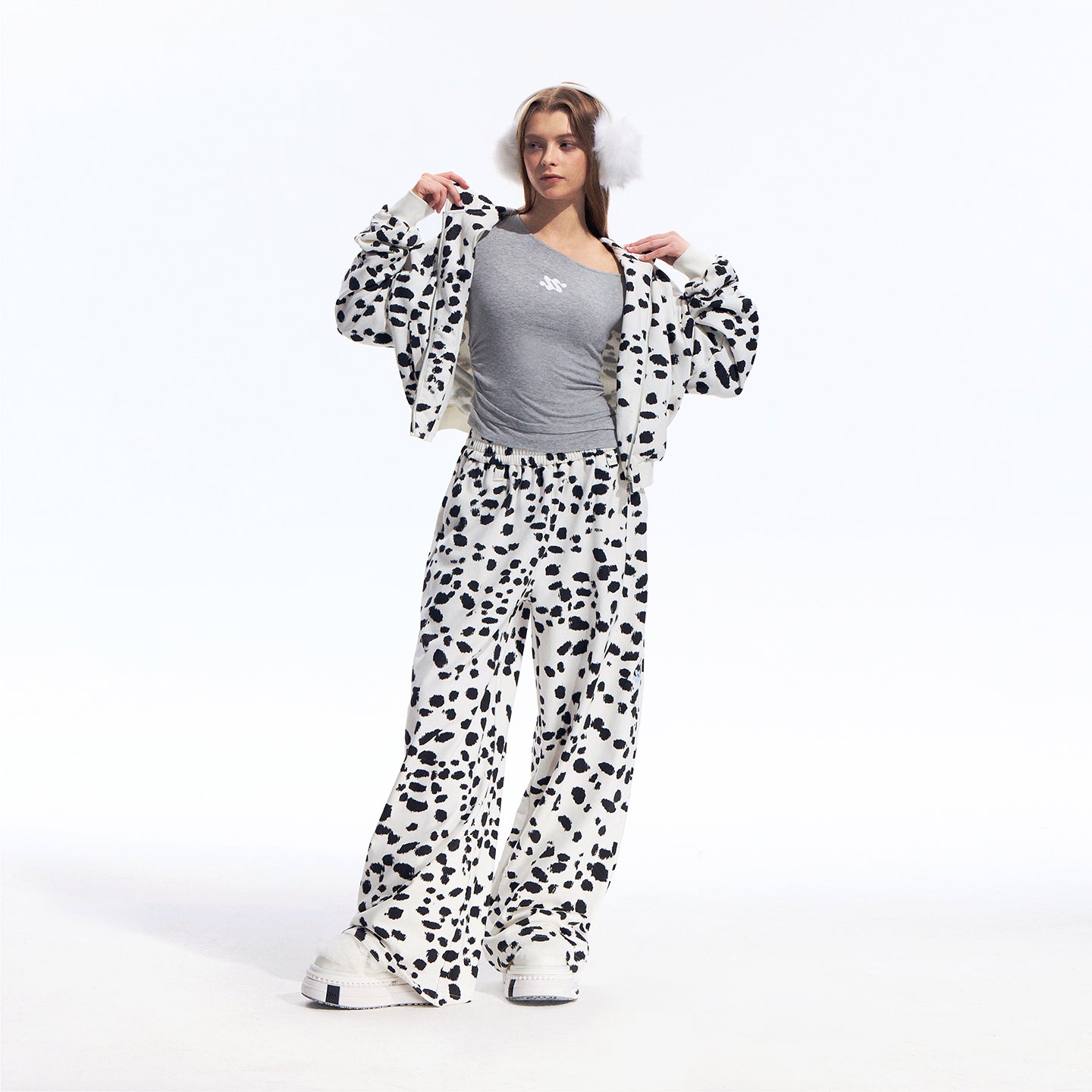 Black White Dalmatian Print Wide Leg Sweatpants Cotton Blend Casual Pants, Unisex