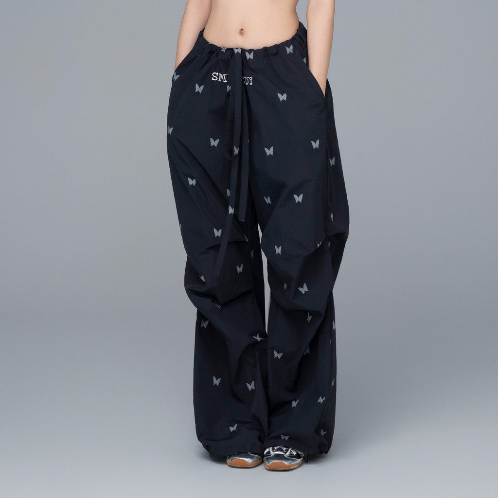 Black 100% Nylon Allover Butterfly Print Wide-Leg Parachute Pants with Drawstring Waist for Women