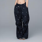 Black 100% Nylon Allover Butterfly Print Wide-Leg Parachute Pants with Drawstring Waist for Women