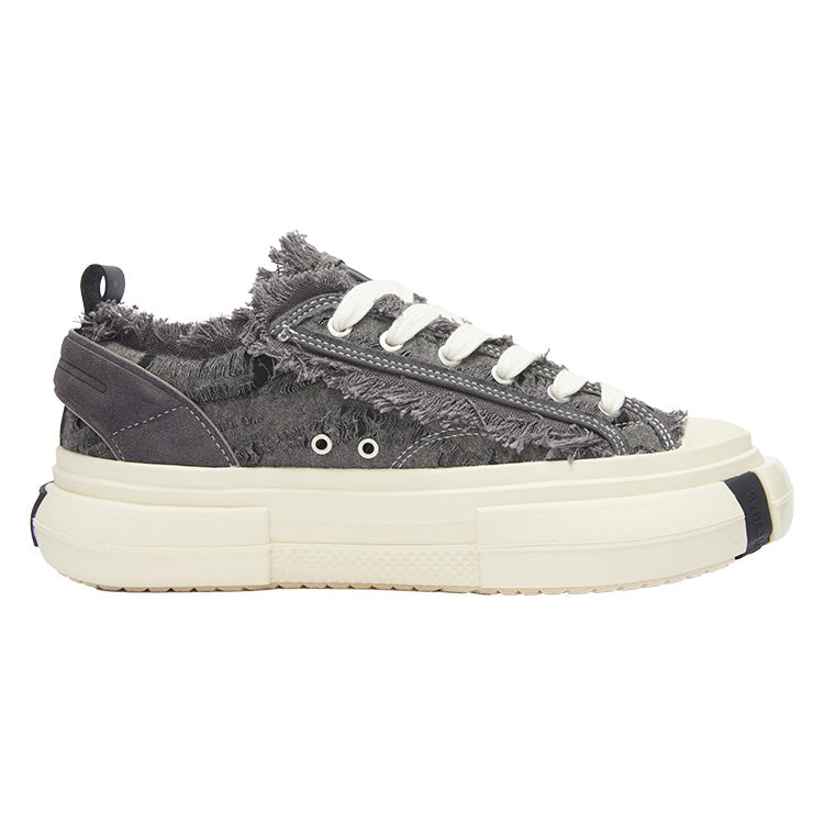 Grey Frayed Canvas Platform Sneakers, Unisex Low Top Lace Up Shoes