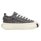 Grey Frayed Canvas Platform Sneakers, Unisex Low Top Lace Up Shoes