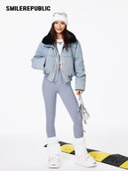 Light Blue Denim Cropped Puffer Jacket with 90% White Duck Down Fill and Plush Stand Collar