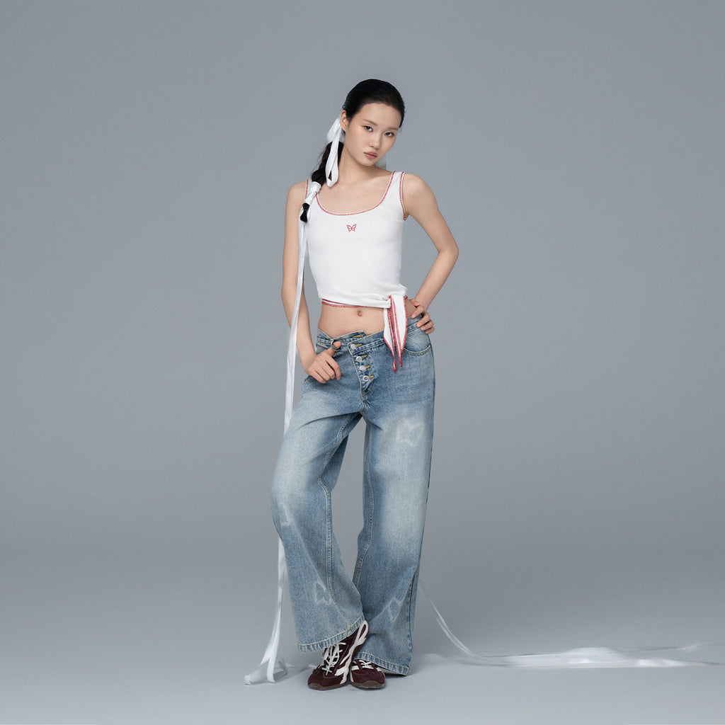 White Ribbed Contrast-Stitch Asymmetric Tie-Hem Tank Top with Butterfly Embroidery