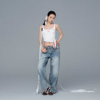 White Ribbed Contrast-Stitch Asymmetric Tie-Hem Tank Top with Butterfly Embroidery