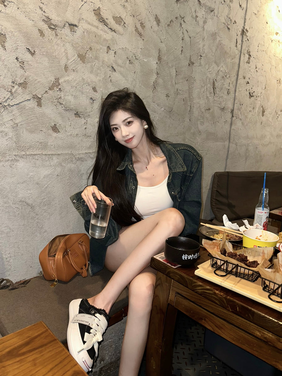 Black Frayed Canvas Platform Sneaker Mules, Unisex Lace Up Backless Shoes 详情图 8