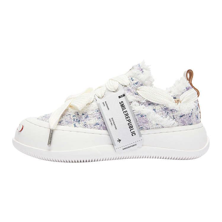 White Frayed Textured Low Top Sneakers, Unisex Lace Up Shoes