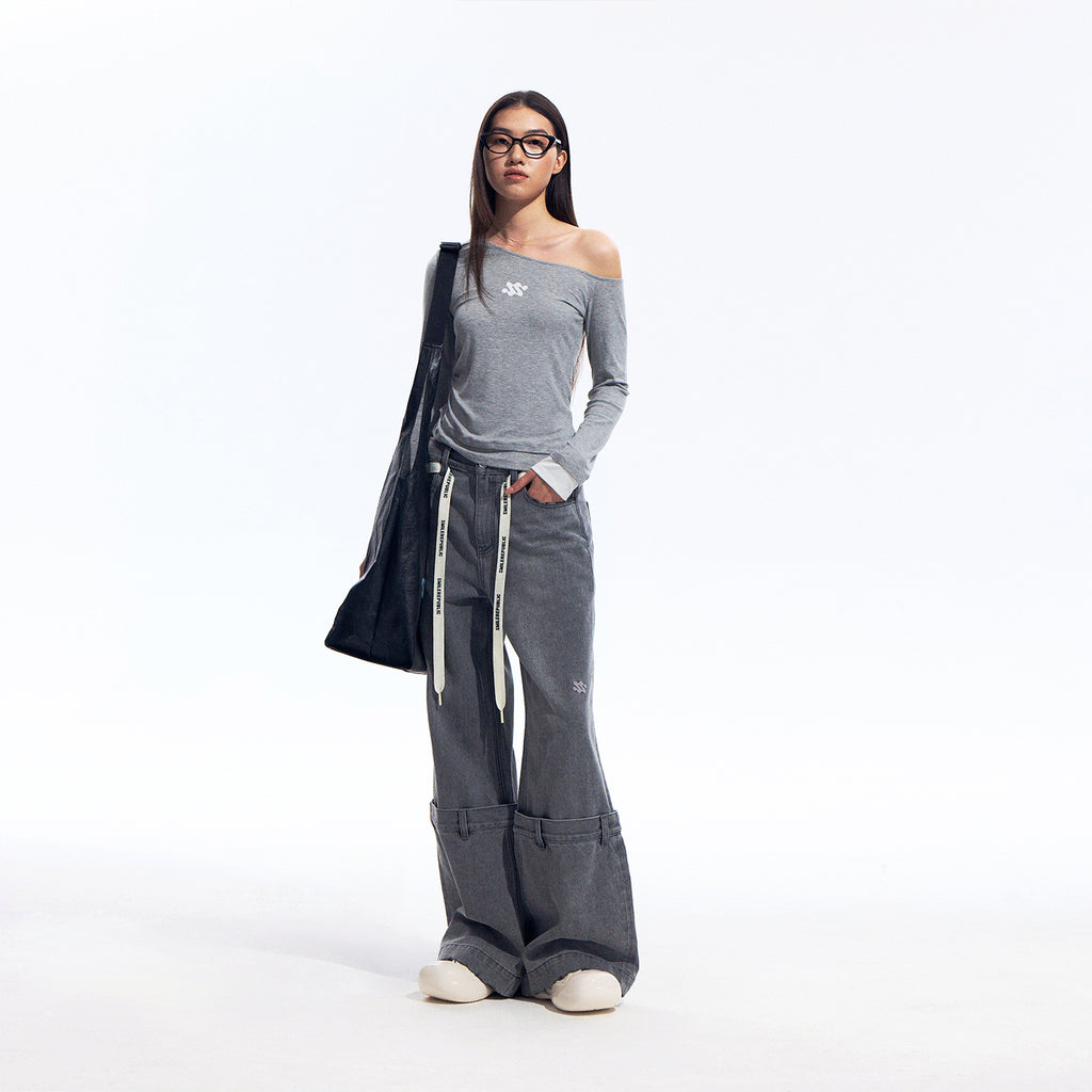 Gray Washed Wide Leg Jeans with Dropped Waist Detail, Cotton Blend Denim Pants for Women
