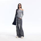 Gray Washed Wide Leg Jeans with Dropped Waist Detail, Cotton Blend Denim Pants for Women