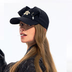 Black 3D Ear Detail Baseball Cap with Pearl Charm and Adjustable Strap