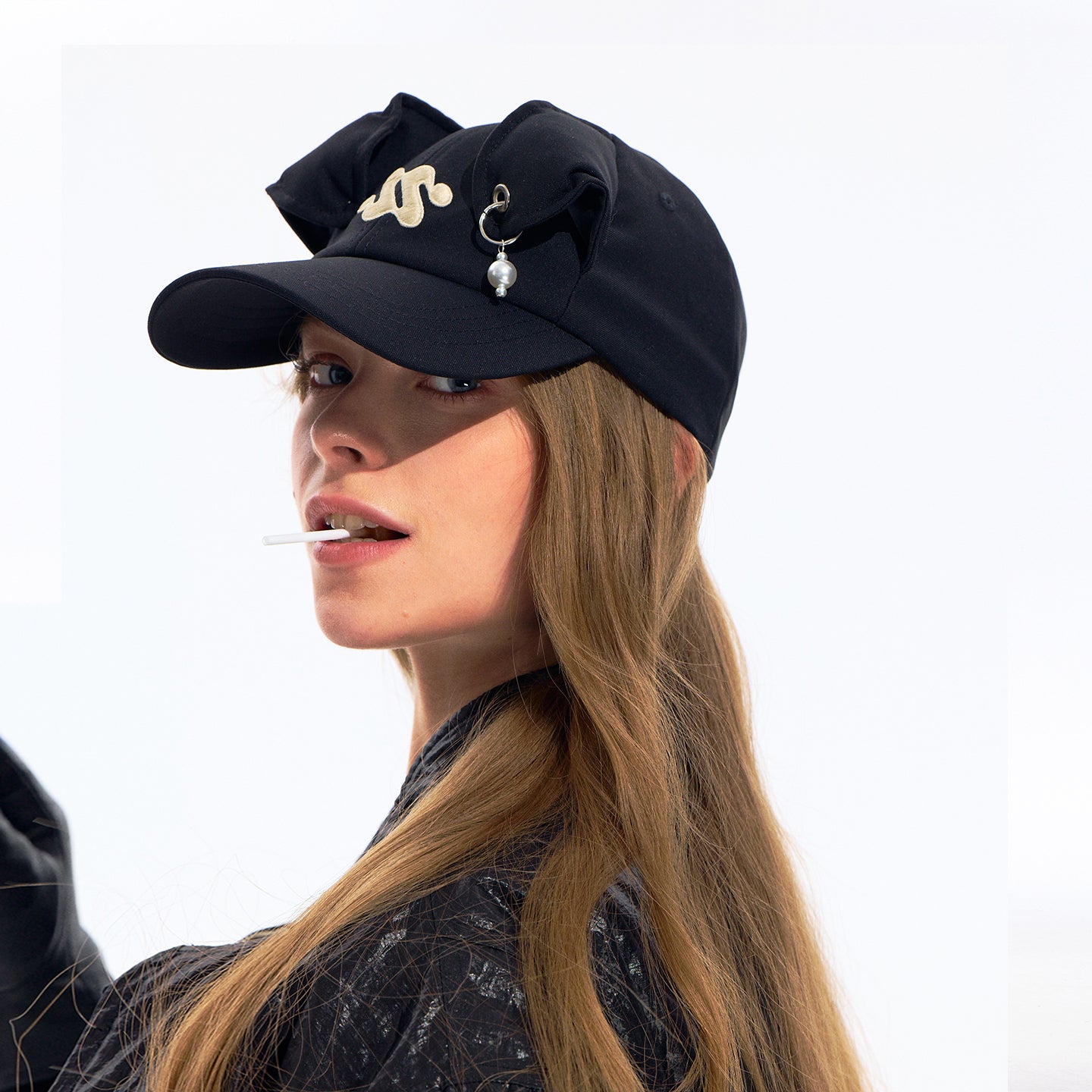 Black 3D Ear Detail Baseball Cap with Pearl Charm and Adjustable Strap