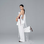 White Burgundy Mesh Tank Top with Side Drawstring Detail, Women's Streetwear Top