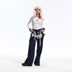 Black Washed Wide Leg Jeans with Adjustable Waist Straps and Relaxed Fit Design