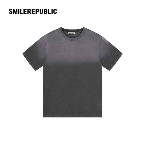Washed Charcoal Gray/White 100% Cotton Gradient Letter Back Print Short Sleeve T-Shirt