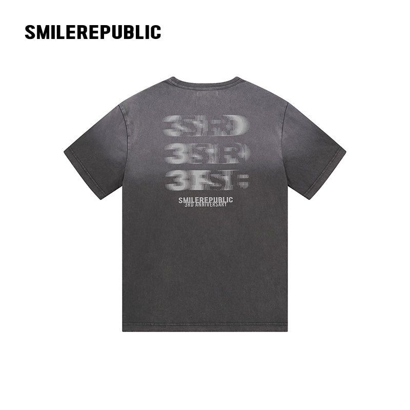 Washed Charcoal Gray/White 100% Cotton Gradient Letter Back Print Short Sleeve T-Shirt