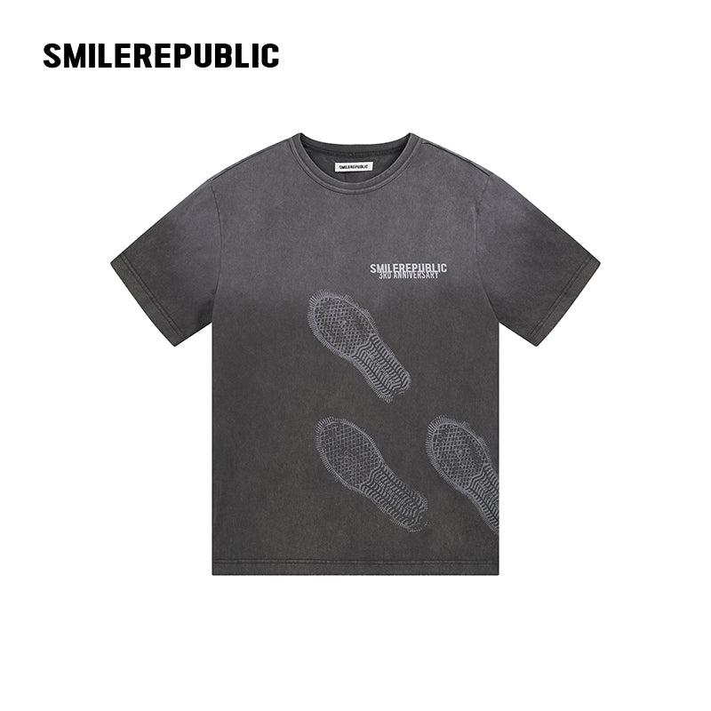Washed Charcoal Gray 100% Cotton Shoe Sole Graphic Crew Neck Short Sleeve T Shirt