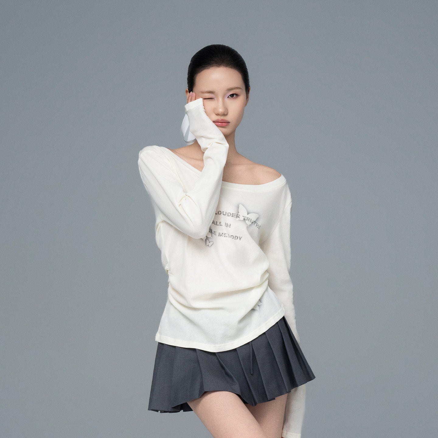Gray Polyester Viscose Blend Pleated Mini Skirt with Side Tie and Logo Detail for Women