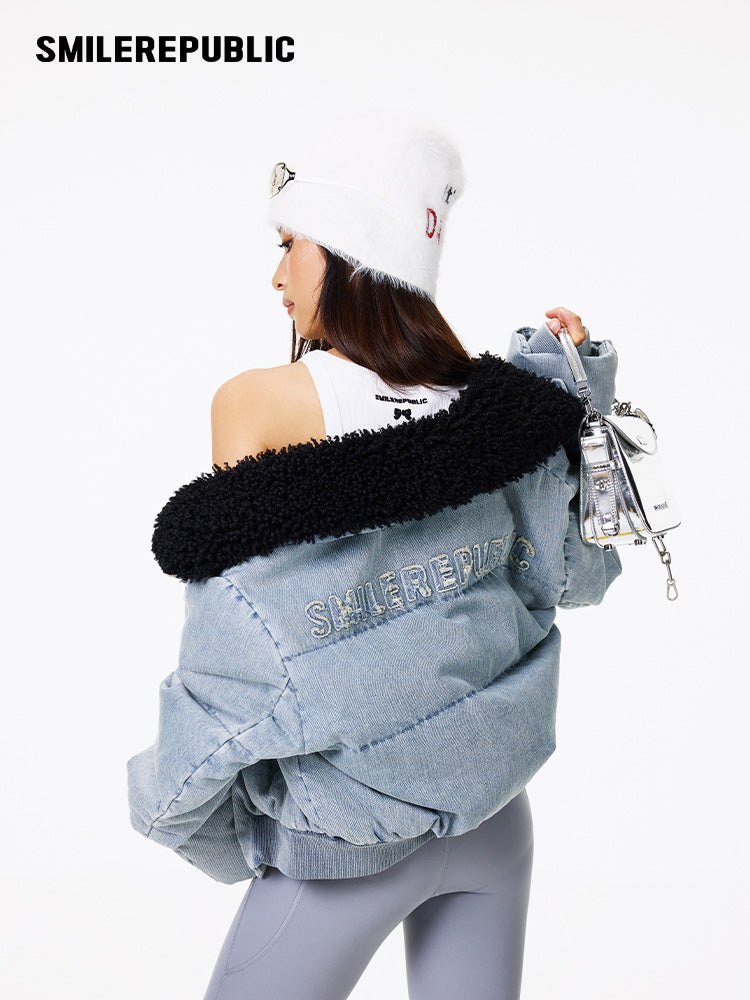 Light Blue Denim Cropped Puffer Jacket with 90% White Duck Down Fill and Plush Stand Collar