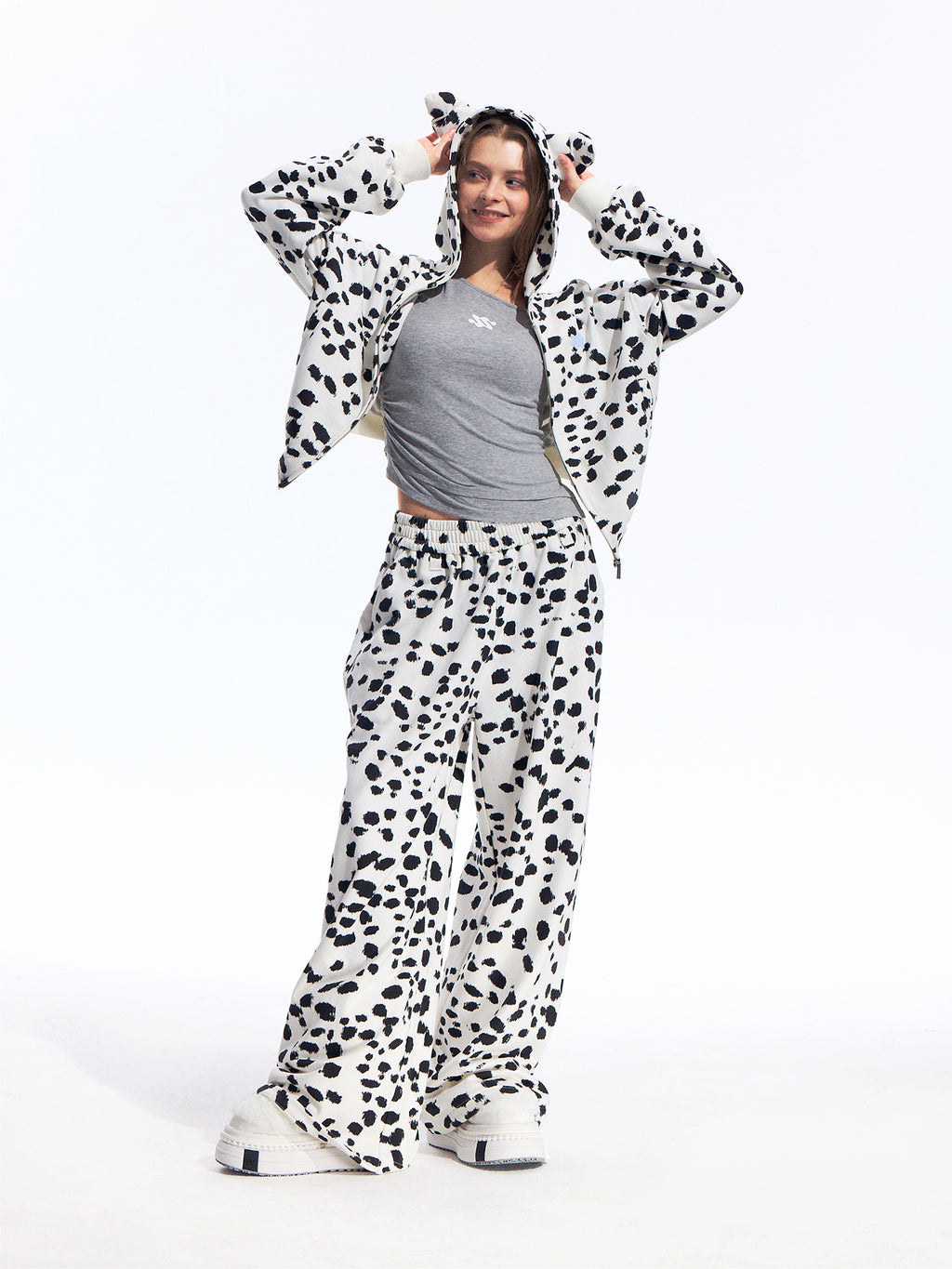 Black White Dalmatian Print Hooded Zip Up Sweatshirt Jacket with 3D Ear Detail, Unisex