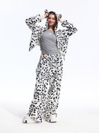 Black White Dalmatian Print Hooded Zip Up Sweatshirt Jacket with 3D Ear Detail, Unisex